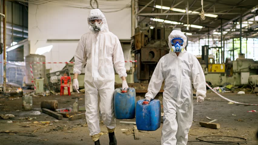 Hazmat suit respirator and gas mask toxic chemical contamination factory, two workers protective suit coverall with glove carry container through industrial warehouse debris hazardous waste scene