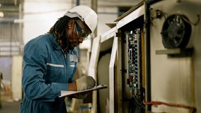 Electrician technician maintenance inspection of electrical panel factory safety protocol with hard hat protective eyewear glove and checklist during control panel machinery inspection for compliance - Powered by Shutterstock - Get 15% off with code: PIKWIZARD15