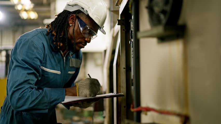 Engineer electrician technician maintenance inspection of circuit board control panel using safety glasses and hard hat with clipboard factory industry, checking electrical panel safety during