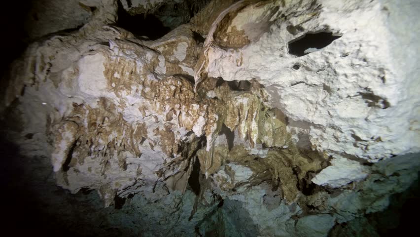 Detailed view of calcite stalactites hanging from ceiling inside cenote cavern in Cenote Dos Ojos, Quintana Roo, Mexico