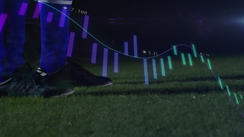Player foot kicking soccer ball night turf initiating animated financial bars and line for stats. Closeup, grass, field, stadium, vibrant, athlete, cleats