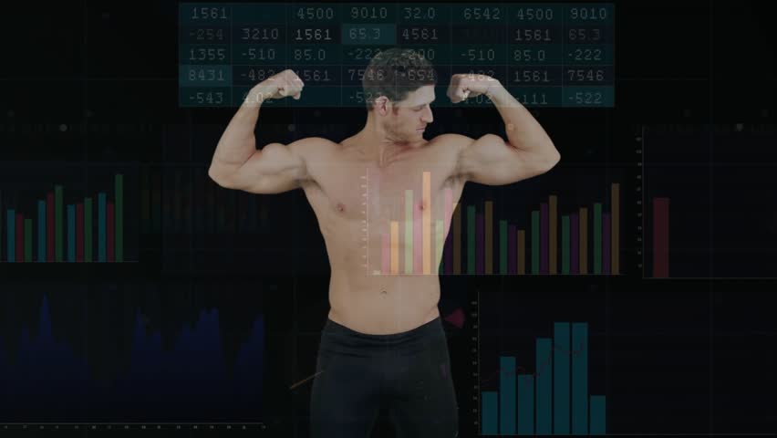 Male fitness model raising arms and flexing in dark studio, animated charts aligning for metrics. Shirtless, muscular, infographic, athletic, torso, data, pose