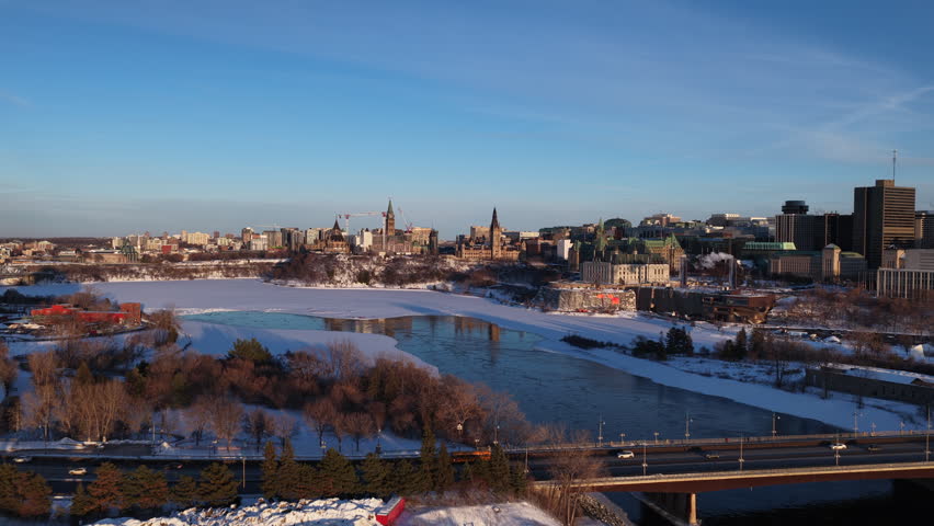 Downtown view of Ottawa aerial winter
