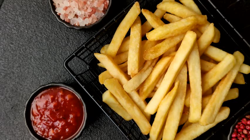 French fries are salty, crispy, and fried in oil, unhealthy takeaway food. French fries as a food backdrop for your design