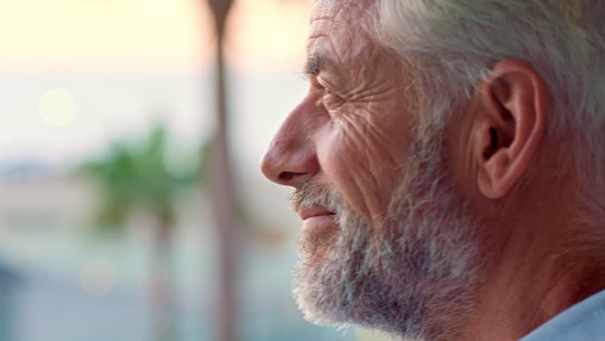 Thinking, calm or old man outdoor with fresh air, memory or mindfulness on summer break. Space, bokeh or senior person outside with reflection, breathing or peaceful perspective on holiday trip.