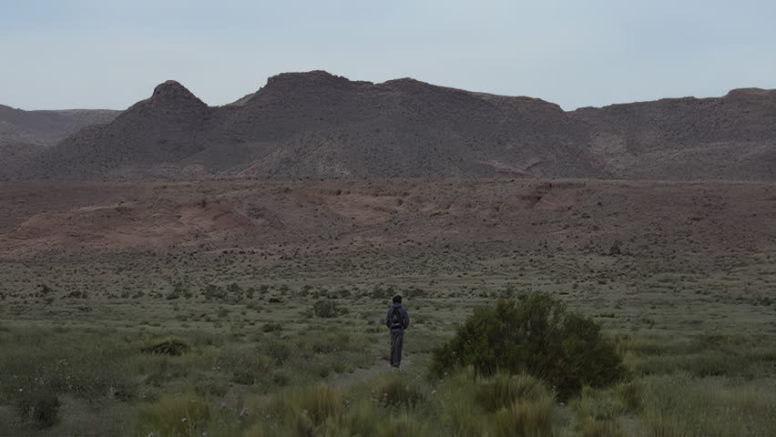 Lonely traveler walking away towards the distant mountain range