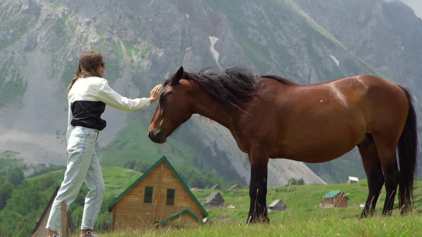 A young woman strokes a brown horse in a green mountain meadow with wooden cabins and rocky peaks in the background, Switzerland.
