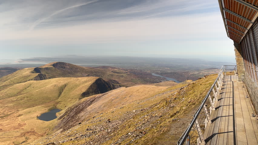 View to Llanberis and Lake Padarn from Visitor Center on the Summit of Yr Wyddfa, Snowdon, Snowdonia National Park, North Wales, UK