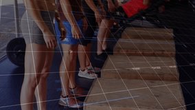 Fitness group performing squat-to-box jumps in gym on cue, HUD charts tracking performance metrics. Plyometric, explosive, teamwork, studio, circuit, cardio, strength - Powered by Shutterstock - Get 15% off with code: PIKWIZARD15