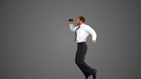 Businessman leaping and holding binoculars on grey background in slow motion - Powered by Shutterstock - Get 15% off with code: PIKWIZARD15