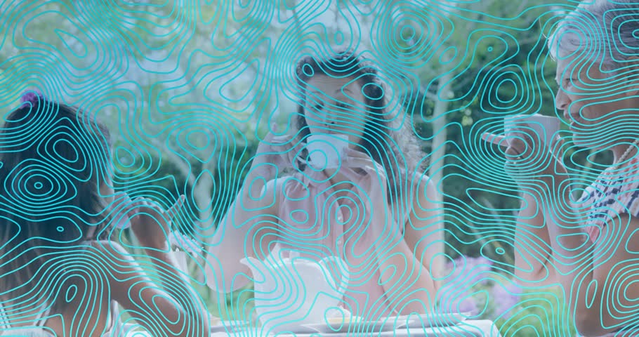 Mom lifting teacup sipping grandma mirroring girl gesturing teal overlay showing lifestyle bond. Multigenerational, grandmother, garden, outdoor, tea, gathering, smile
