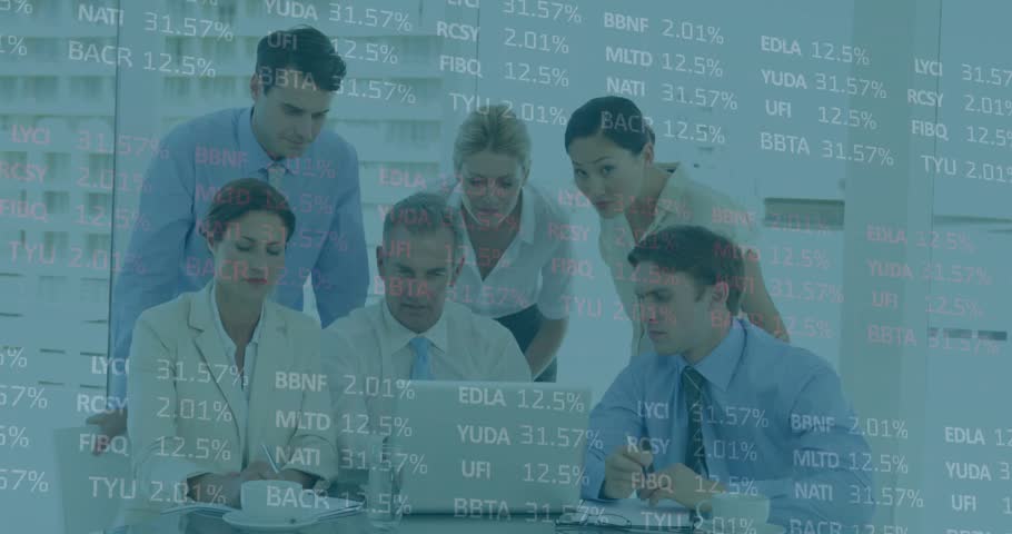 Seated man opening laptop, team leaning in and analyzing financial data with percent overlay. Conference, collaboration, analytics, office, professionals, focus, strategy