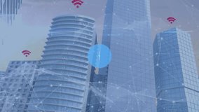Heart node spawning network across city skyline, linking buildings with hearts, pins mapping health. Urban, digital, connectivity, skyscraper, overlay, neon, magenta - Powered by Shutterstock - Get 15% off with code: PIKWIZARD15