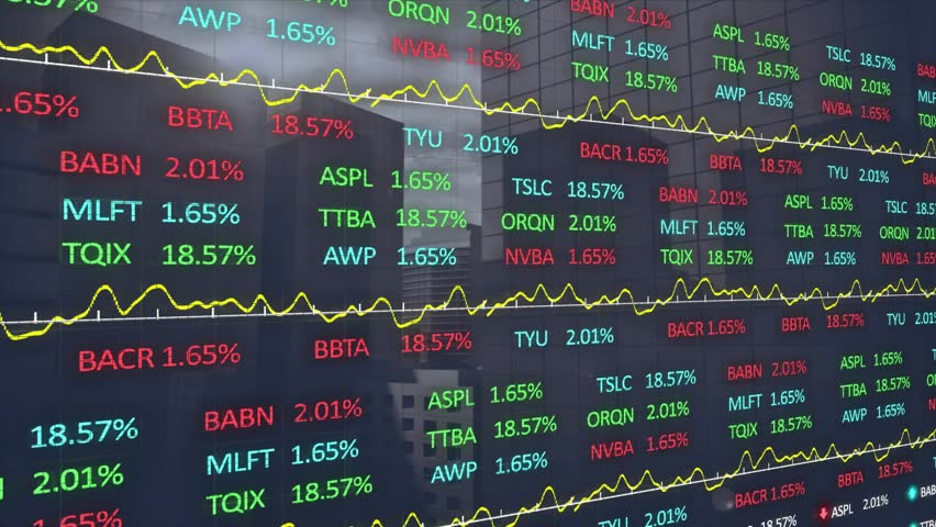 Market display panel updating via feed, cycling tickers, shifting yellow line, showing percentages. Ledscreen, trading, datawall, reflections, glossy, office, urban