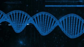 Blue double-helix rotating and translating in virtual lab interface with gauge and code streams. Dna, visualization, holographic, dashboard, analytics, data, grid - Powered by Shutterstock - Get 15% off with code: PIKWIZARD15