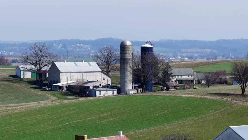 Aerial drone view of rural farm in Pennsylvania, USA, with barns and silos surrounded by green fields and rolling countryside under soft spring daylight. Wide shot. Amish family.