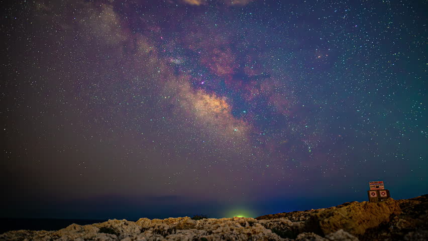 Time-lapse of Milky Way galaxy arching over rocky limestone coastal cliff at night with glowing galactic core purple hues thousands of stars and distant sea horizon lights