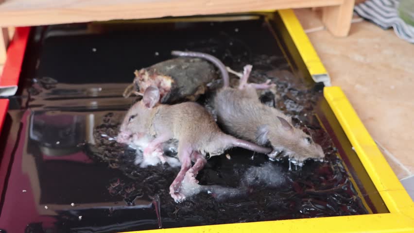 Two mice caught on a yellow sticky glue trap in a kitchen area near spice jars, demonstrating effective pest control and rodent management to maintain hygiene in a domestic home environment.