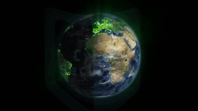 Rotating Earth showing HUD at center, cloud sync icon initiating scans showing global links. Globe, shield, interface, digital, network, flow, motion - Powered by Shutterstock - Get 15% off with code: PIKWIZARD15