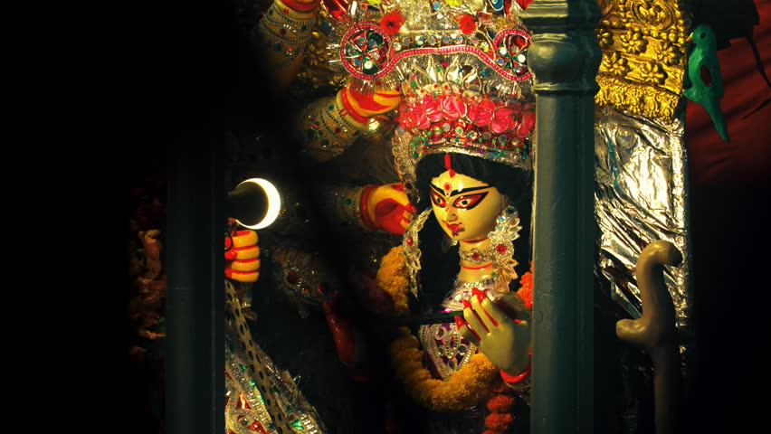 Beautiful Saraswati statue placed inside an old traditional house during Durga Puja in Kolkata India