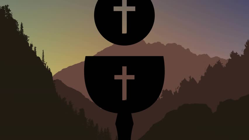 Centered silhouette holding still, presenting cross cutouts over ridges, sky shifting for faith ads. Minimalist, outline, chalice, disc, aperture, landscape, mountain