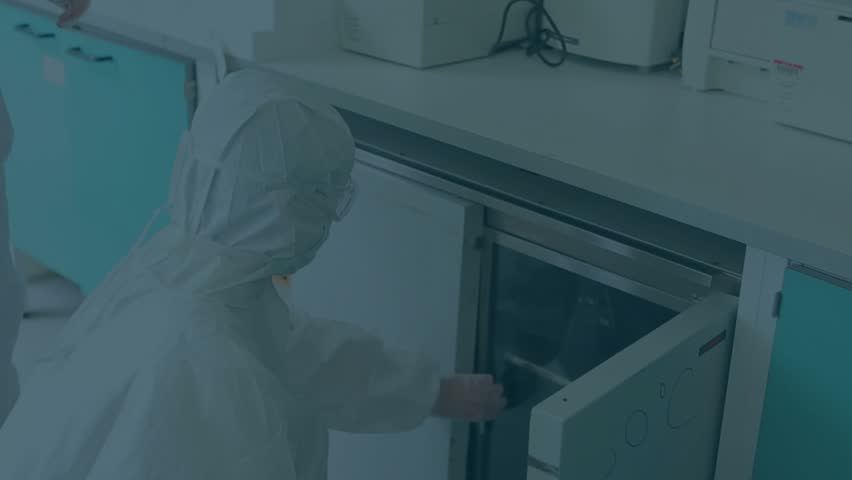 Lab tech taking vial from fridge AR brain appearing growing aligning fading while peer analyzing. Sterile, clinical, collaboration, neural, overlay, cryogenic, benchtop