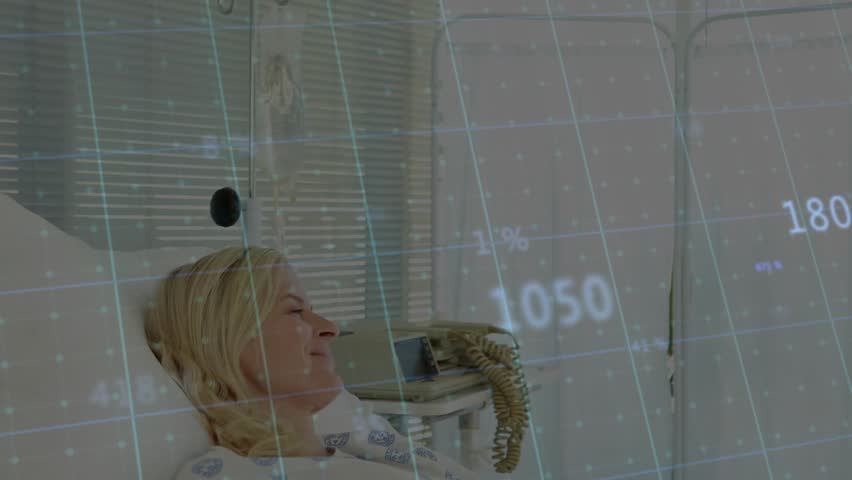 Health worker entering, speaking to patient in bed, reassuring while data grid monitoring vitals. Hospital, bedside, caregiver, clinician, stethoscope, privacy, screen