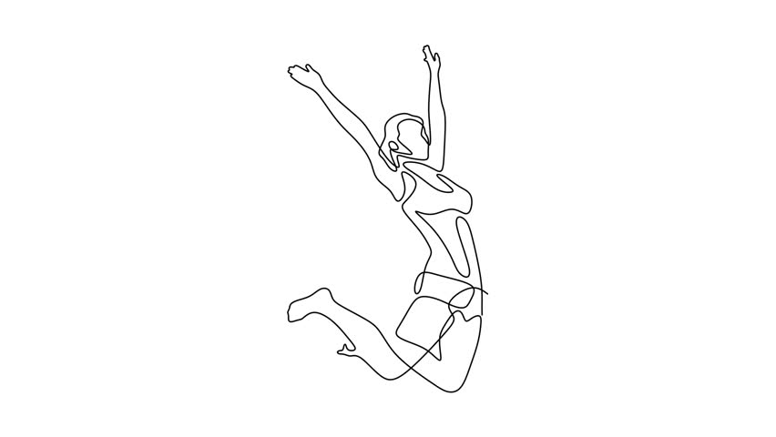Animated self drawing of continuous line draw of Joyful Leap Line Art of a Woman Celebrating. Full length one line animation. 4K	
