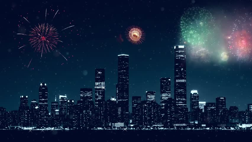 Seattle Night Skyline with Fireworks Display