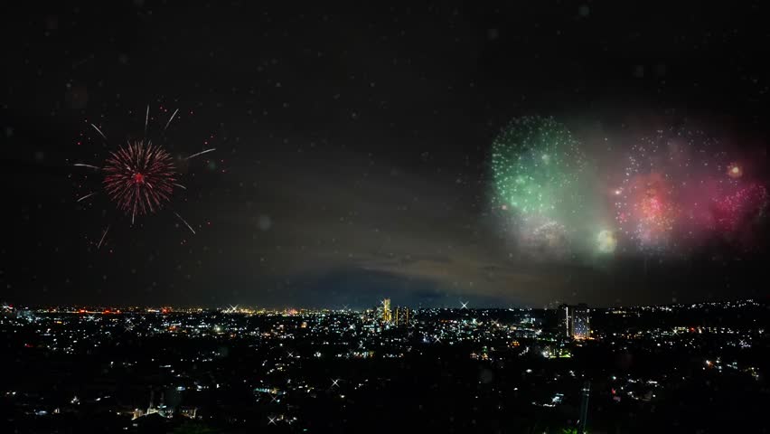 New Year Celebration Fireworks Over Suburban Cityscape