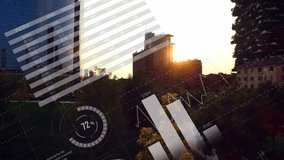 Glass tower being shown while sun sliding lower causing HUD rings updating and showing city metrics. Urban, skyline, sunset, aerial, skyscraper, reflective, overlays - Powered by Shutterstock - Get 15% off with code: PIKWIZARD15