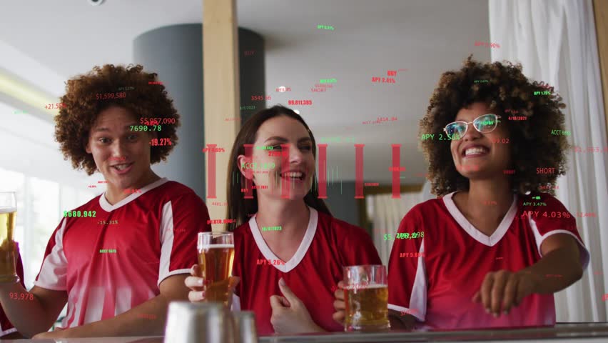 Fans at bar, center leaning lifting pints clinking and cheering, transparent finance charts overlay. Group, camaraderie, toast, beer, glasses, pub, jerseys