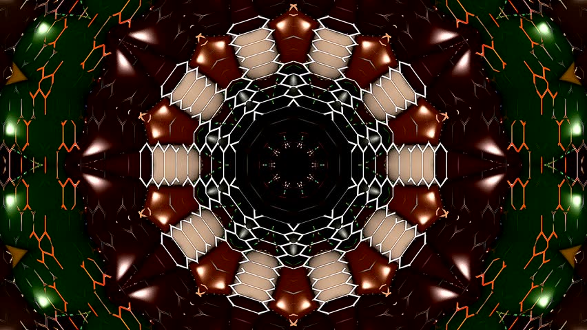Symmetrical kaleidoscope motif with blue dots shapes forming a glowing geometric pattern on a black background.	