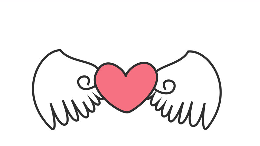 Hand-drawn heart with wings cartoon animation for romantic design in an alpha channel. Cute flying heart clipart for Valentine