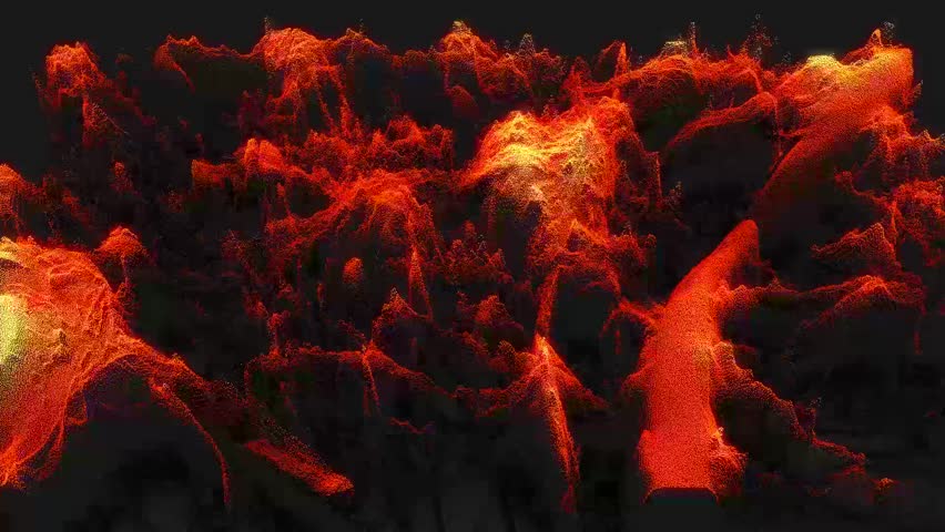 Abstract burning fire with orange flames and glowing red embers flickering against a black charcoal background in a warm inferno blaze - 3d dotted motion balls