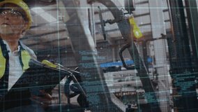 Warehouse worker pointing and activating HUD for inspection, checking tablet and operating forklift. Hi-vis, helmet, safetygear, operator, display, grid, controls - Powered by Shutterstock - Get 15% off with code: PIKWIZARD15