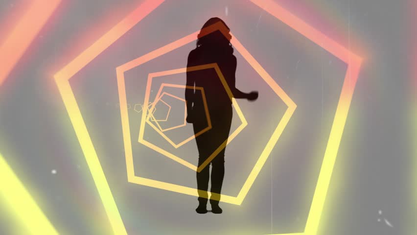 Performer responding to cycling pentagon lights, moving through pose sequence for art installation. Silhouette, dancer, projection, neon, tunnel, polygonal, motion