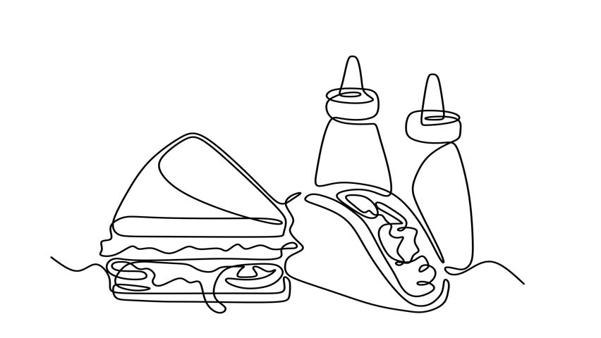Animated self drawing of continuous line draw of  Set of fast food with tacos, sandwich, ketchup. Full length one line animation. 4K. Street food. Single line. Takeout food, junk food  