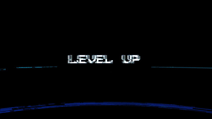 Animated Level Up text with glitch distortion effect in digital gaming style