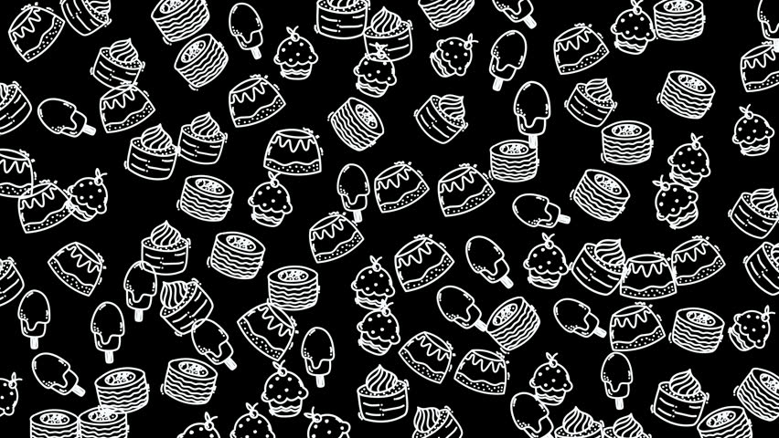 Doodle food black background with whimsical white drawings of delicious desserts. Suitable for food blogs, menus, and social media posts.