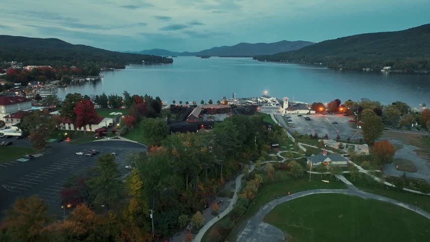 Aerial view with Fort William Henry museum in Lake George in Upper New York State USA