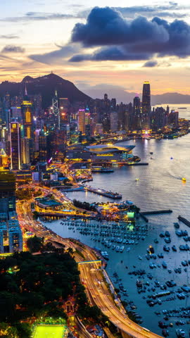 Scenic of Hong Kong city and traffic at twilight.