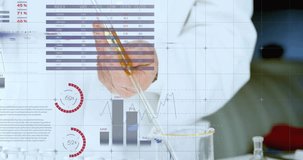 Senior scientist moving pipette over beaker, animating charts and rising % values tracking results. Researcher, laboratory, analytics, graphs, data, global, benchtop - Powered by Shutterstock - Get 15% off with code: PIKWIZARD15
