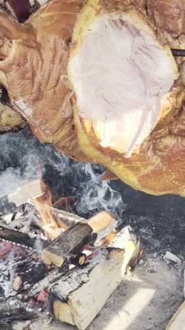 Roasting meat on open fire with flames and smoke, large cuts on metal spit, HDR Dolby Vision 4K vertical video rustic barbecue cooking close up