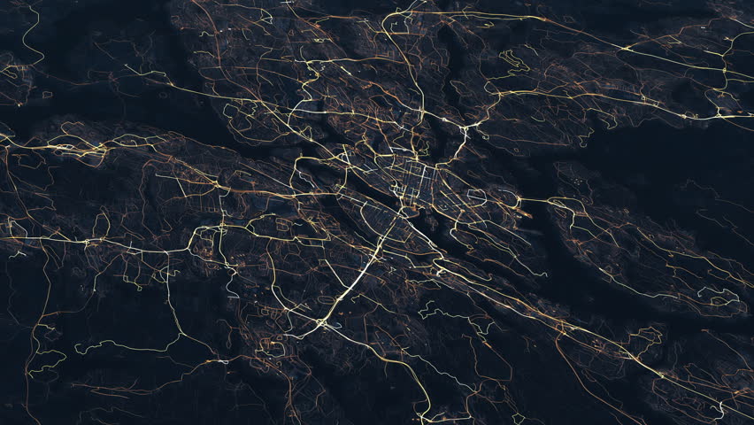 Night aerial view of Stockholm with illuminated street network.