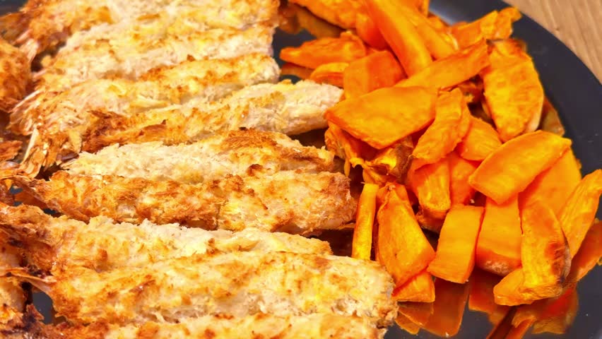 Close-up of roasted chicken strips and baked sweet potato wedges on a tray, showing crispy texture and golden browning in a homemade meal.