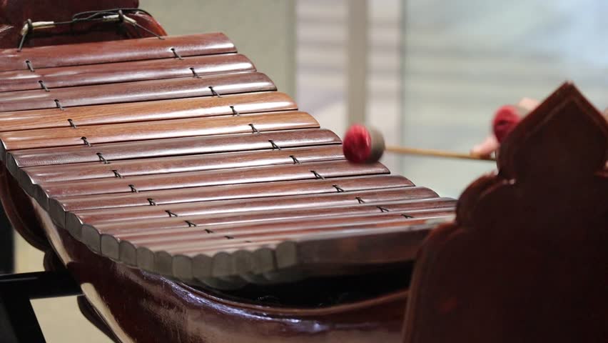 Side view of a musician playing the Ranat Ek, a traditional Thai wooden xylophone, with mallets. 