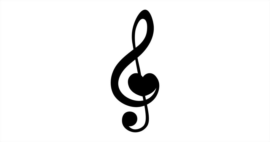 Music note animation. Rotating treble clef with heart shape.