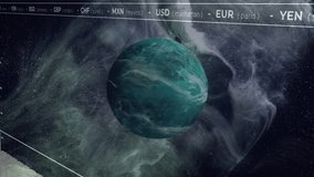 Currency header cycling planet rotating bars rising and white line tracing global finance trends. Orb, nebula, histogram, curve, dashboard, futuristic, analytics - Powered by Shutterstock - Get 15% off with code: PIKWIZARD15