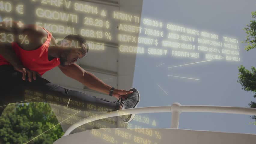 Man placing foot on railing, reaching for shoe while warming up, finance ticker drifting over frame. Outdoor, exerciser, stretch, balance, balustrade, architecture, sunny